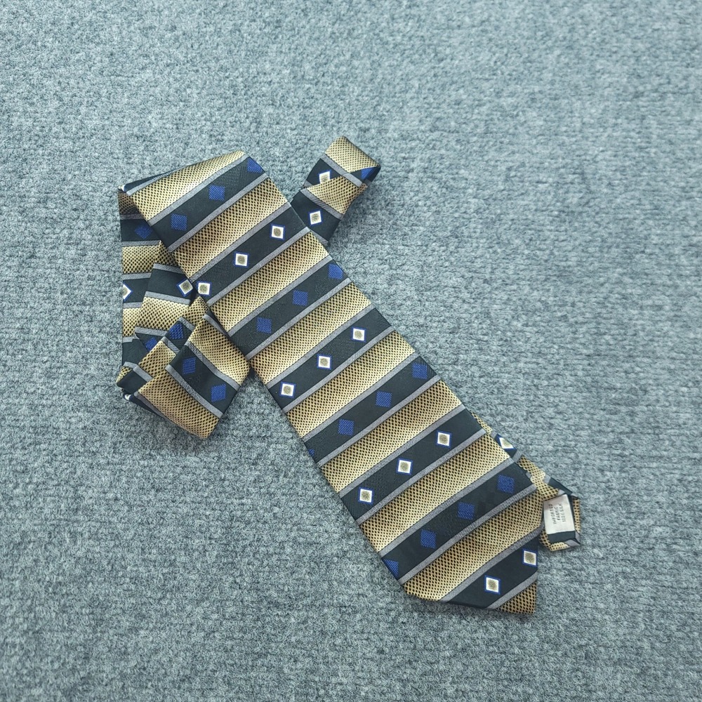 Louis Roth Vintage 90s Silk Tie Gold Black Blue Geometric Diamond Pattern USA